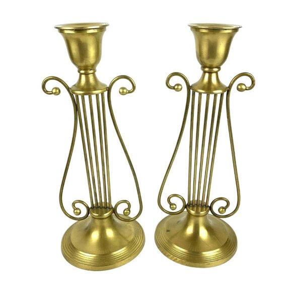 Vintage Brass Lyre Harp Candleholders Elegant Scrollwork Design Made In India - Picture 4 of 10